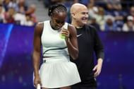 Andre Agassi (right) with Coco Gauff (left) during an exhibition match ahead of the 2025 US Open (Source: Getty)